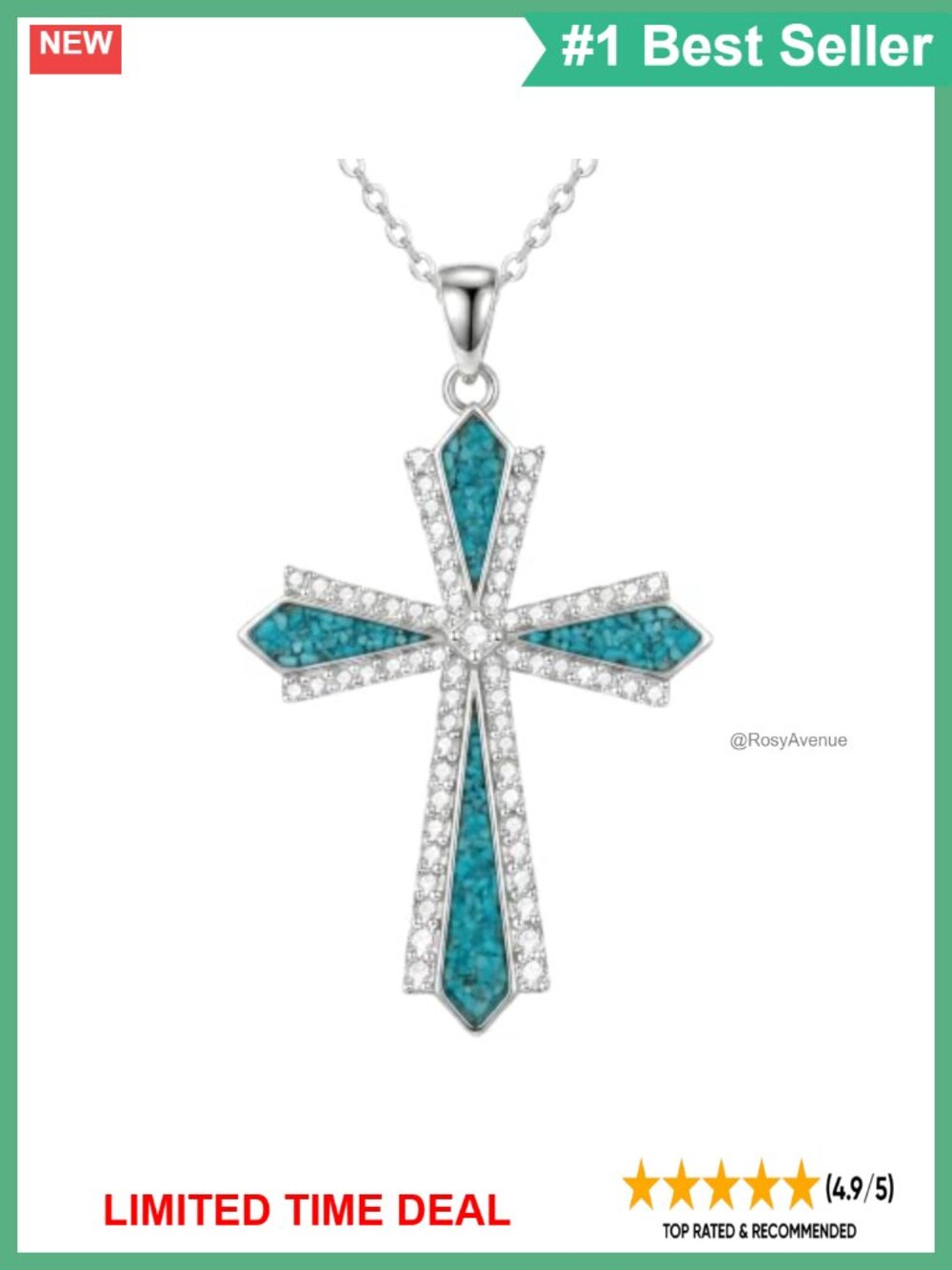 925 Sterling Silver Raw Turquoise Cross Pendant Necklace 18-20in